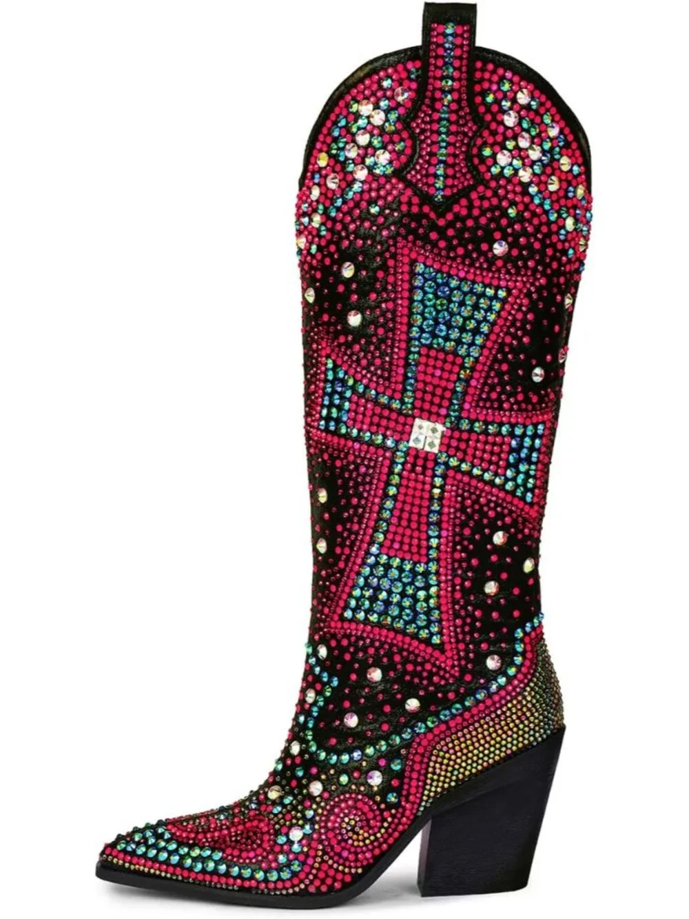 Women's Multi Black Crystal Cross Embellished Pointed Toe Sparkly Cowgirl Boots